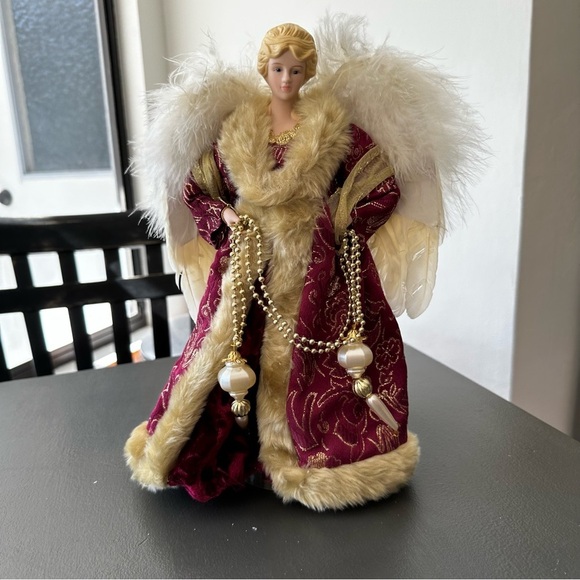 Vintage Christmas Angel Tree Topper Victorian Porcelain Red Feathers Wings Gold - Picture 9 of 13